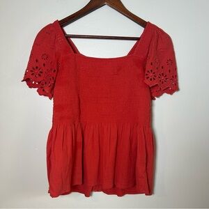 Madewell Red Smocked Square Neck‎ Eyelet Peplum Top Size S